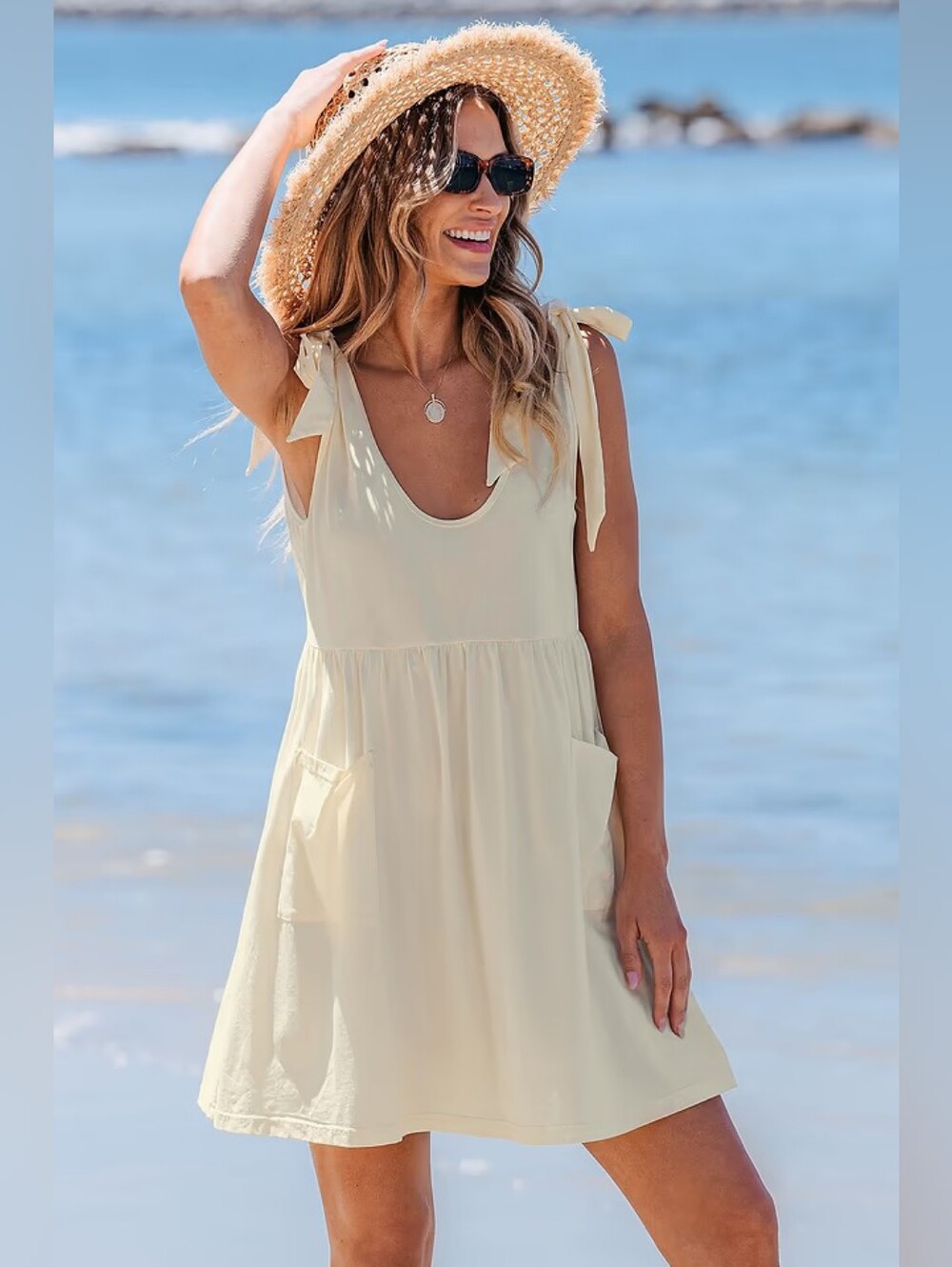 Beige Sleeveless Scoop Neck Patch Pocket Mini Dress 💥 BRAND NEW 💥